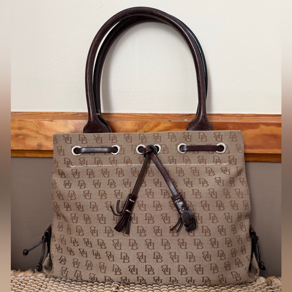 Dooney & Bourke Signature Logo Canvas Tassel Mini Tote Handbag Brown Leather
